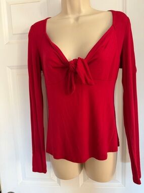 SHEIN Red Long Sleeve Tie-Front Scoop Neck Top